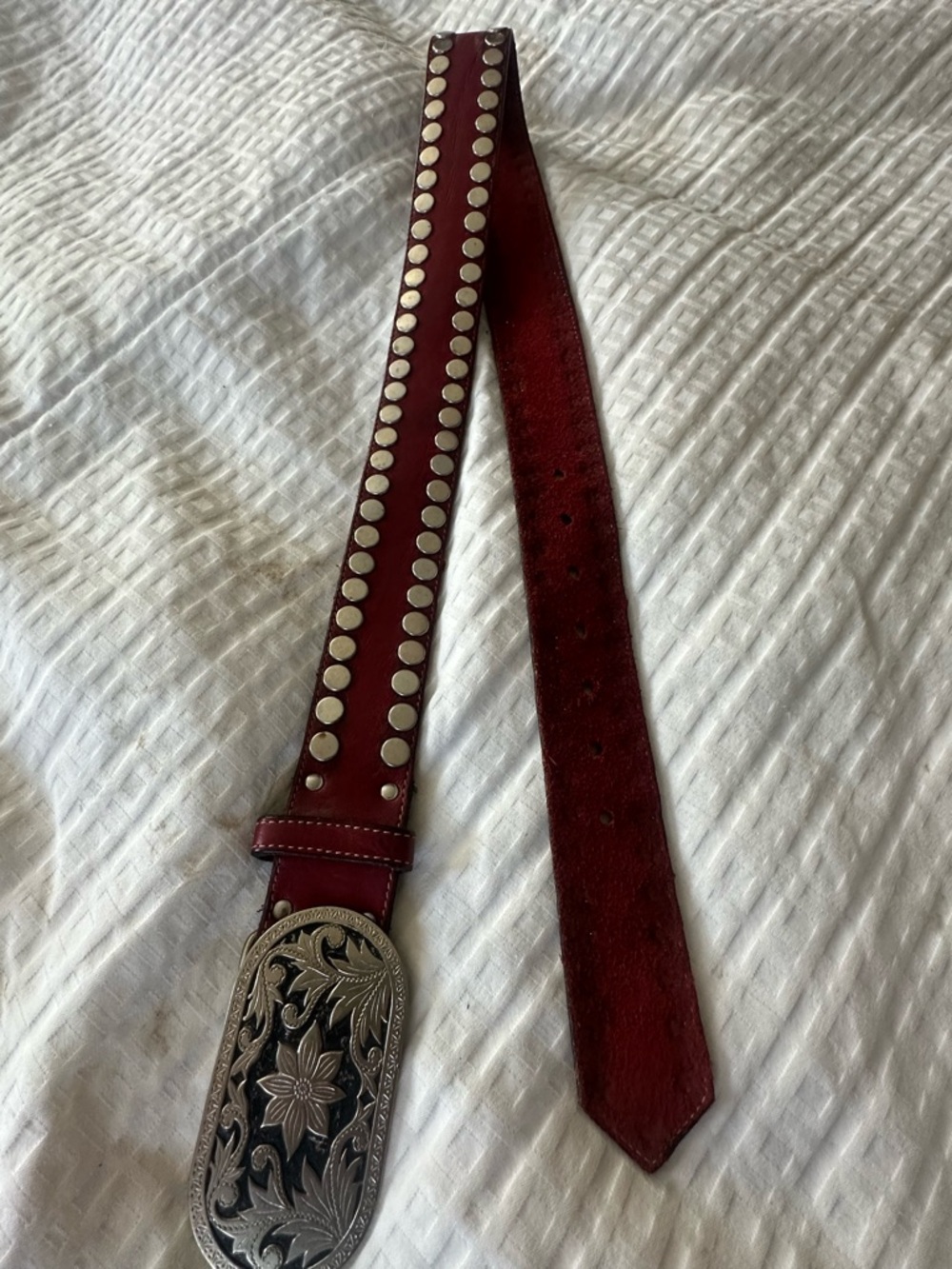 Studded Burgundy Leather Belt with Ornate Silver Buckle